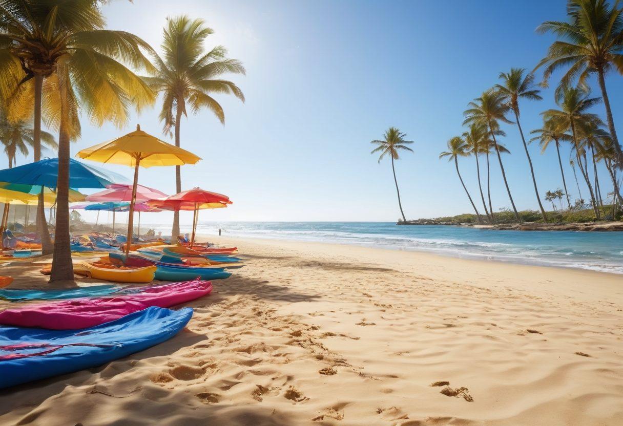 A lively beach scene filled with diverse groups of people engaged in various water activities like surfing, kayaking, and beach volleyball, with colorful beach umbrellas and towels scattered around. Include palm trees swaying in the background and a shimmering ocean under a clear blue sky, capturing the essence of community and fun. Emphasize vibrant colors and joyful expressions to highlight the excitement of beach culture. super-realistic. vibrant colors. bright and sunny atmosphere.