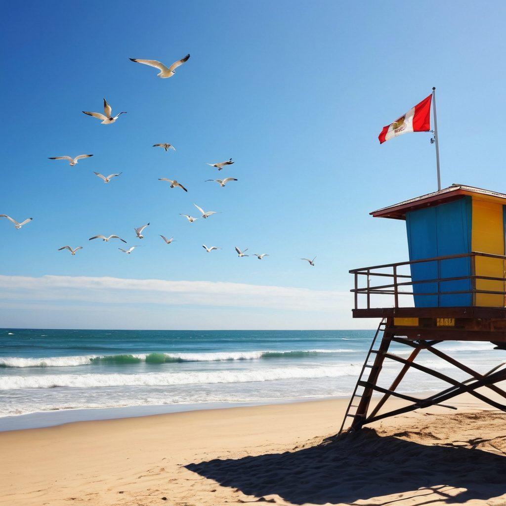 A vibrant sandy beach scene with surfers riding the waves under a bright blue sky. Include diverse surfers showcasing various techniques on their boards, while beachgoers enjoy their time on the shore with colorful umbrellas and surfboards scattered around. Add a lifeguard tower in the background and seagulls flying overhead to enhance the beach culture vibe. super-realistic. vibrant colors.