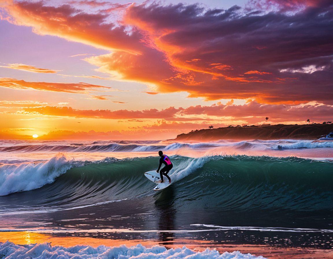 A dynamic ocean scene featuring a surfer catching a wave, with vibrant colors reflecting the sun setting in the background. Various surfboards are displayed on a sandy beach, accompanied by surf gear like wetsuits and sunblock. In the foreground, a digital overlay showcases surf conditions and event icons, adding a modern touch. The overall feel is energetic and inviting for surfing enthusiasts. super-realistic. vibrant colors.
